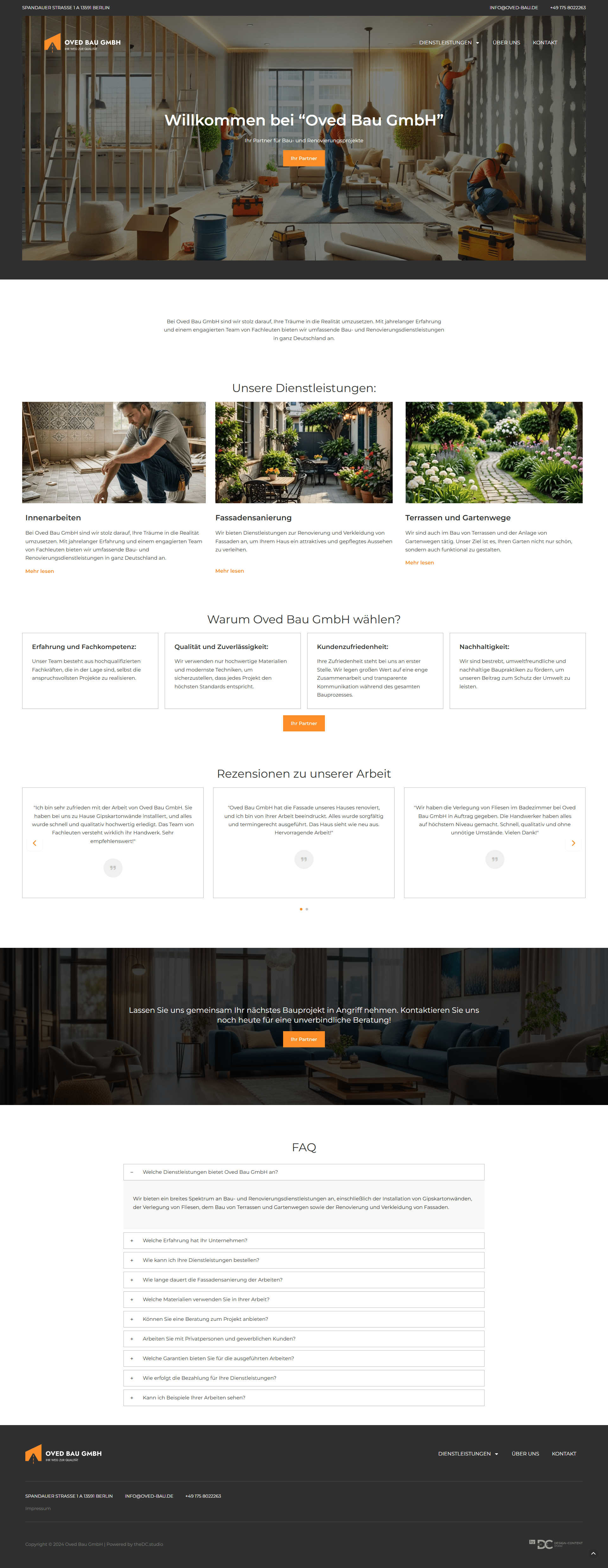 Головна сторінка сайту Oved Bau GmbH з описом послуг, створена на WordPress
