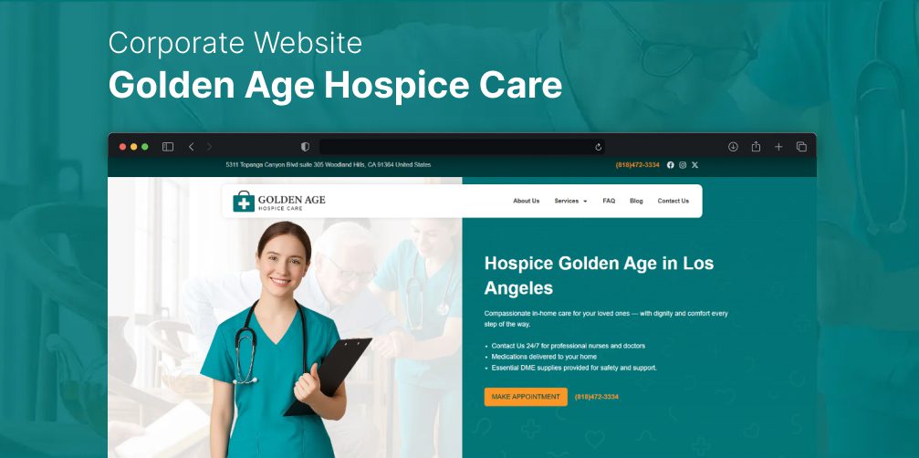 Обложка сайта Golden Age Hospice Care с медсестрой и логотипом