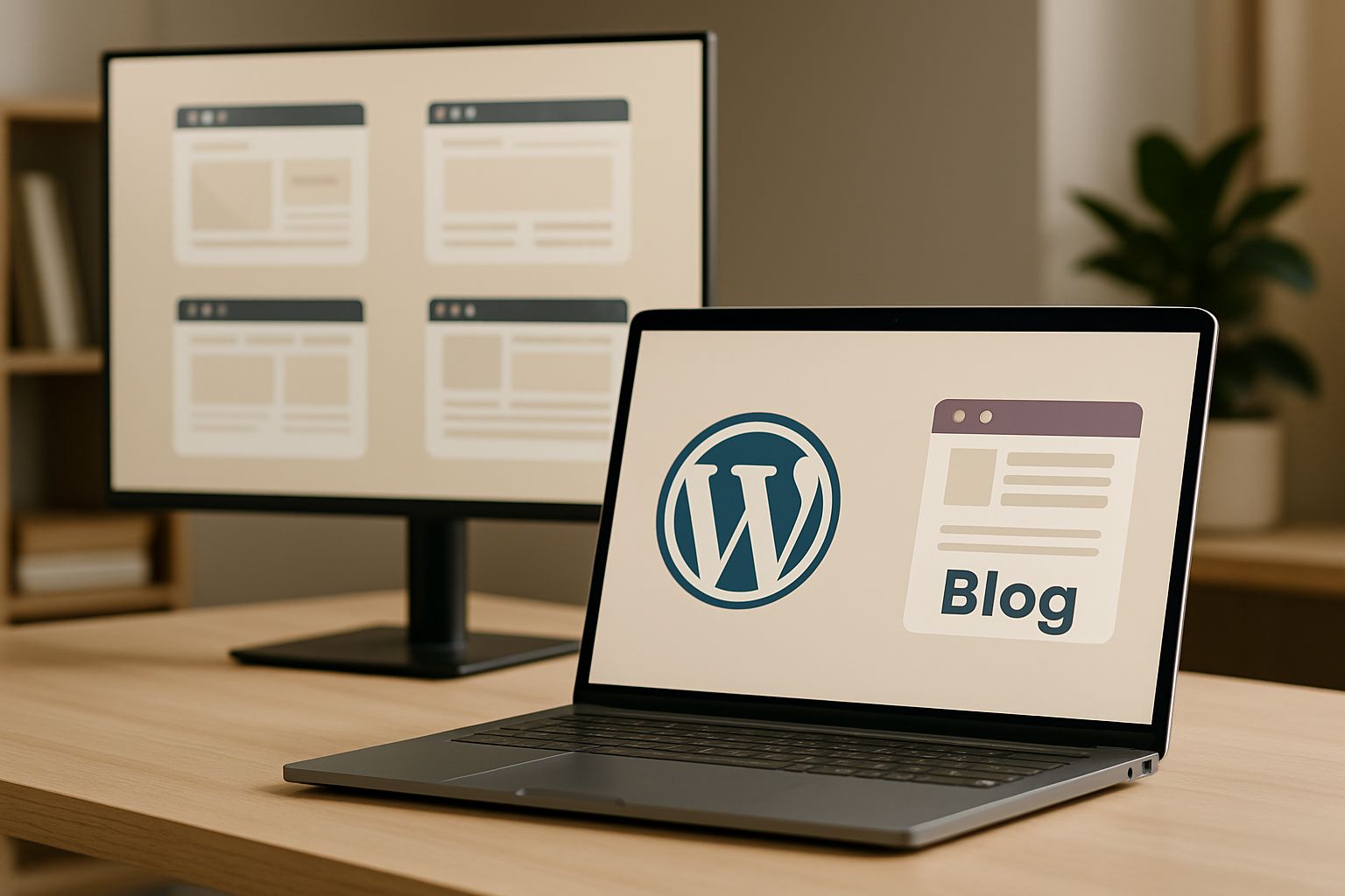 Ноутбук з відкритим WordPress-сайтом у темному офісі, символічний процес редизайну сайту в стилі theDC.studio.