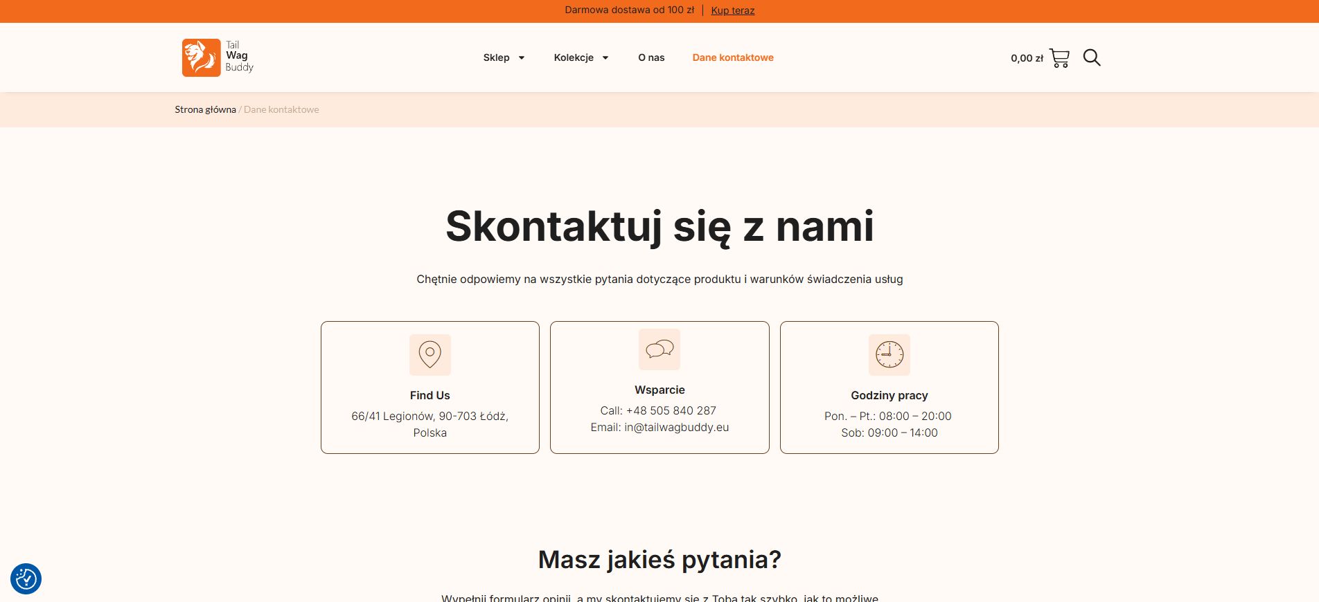 Контактна сторінка інтернет-магазину Tail Wag Buddy у Польщі