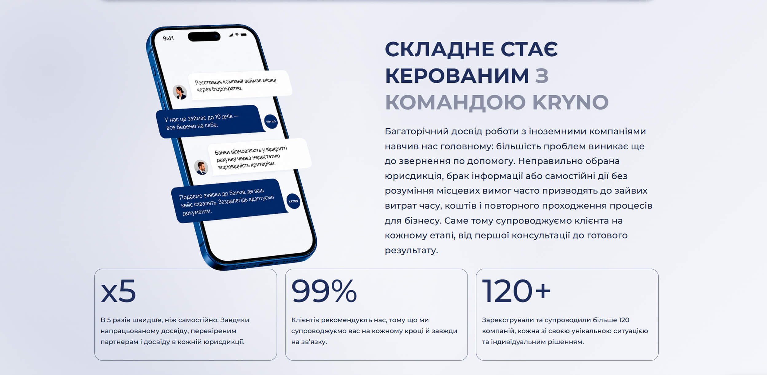 Блок «Складне стає керованим з командою KRYNO» з макетом смартфона та показниками x5, 99% і 120+